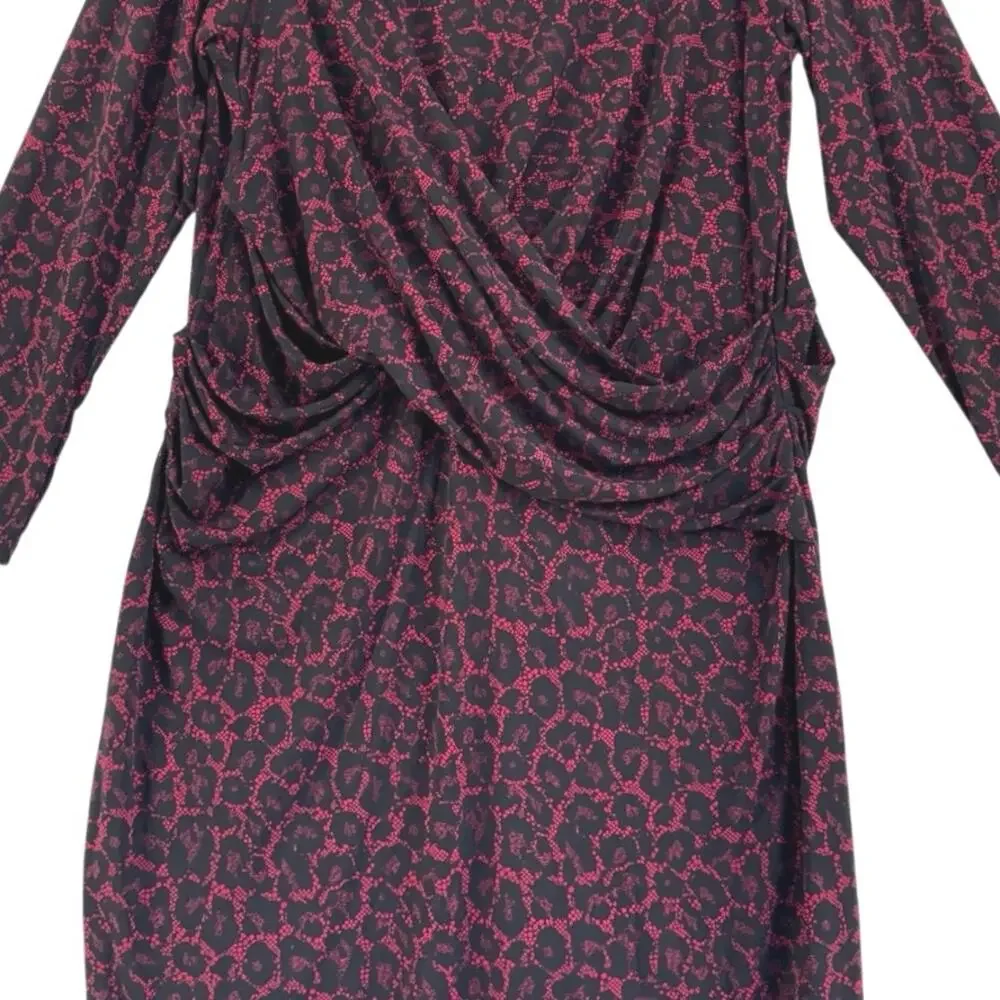 Michael Kors Plus Size 2X Red Black Animal Print Ruched Long Sleeve Dress